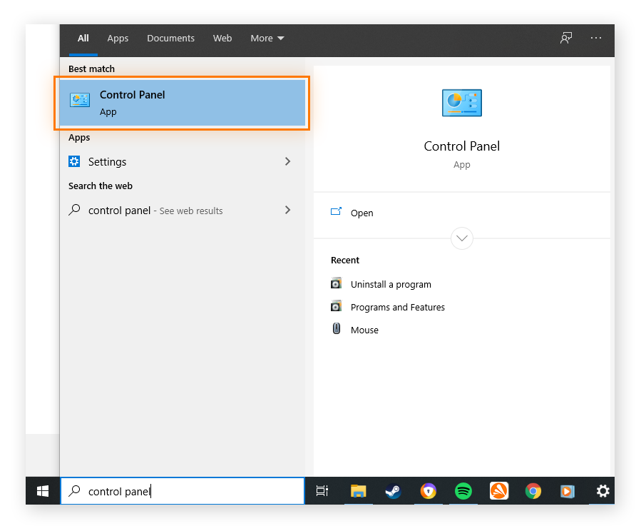 如何通过 Windows 开始菜单查找控制面板以移除恐吓软件。
