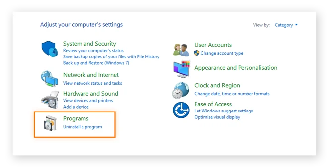 如何在 Windows 控制面板中查找程序部分以移除恐吓软件。