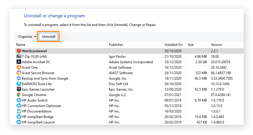 如何通过 Windows 控制面板卸载应用程序以清除恐吓软件。